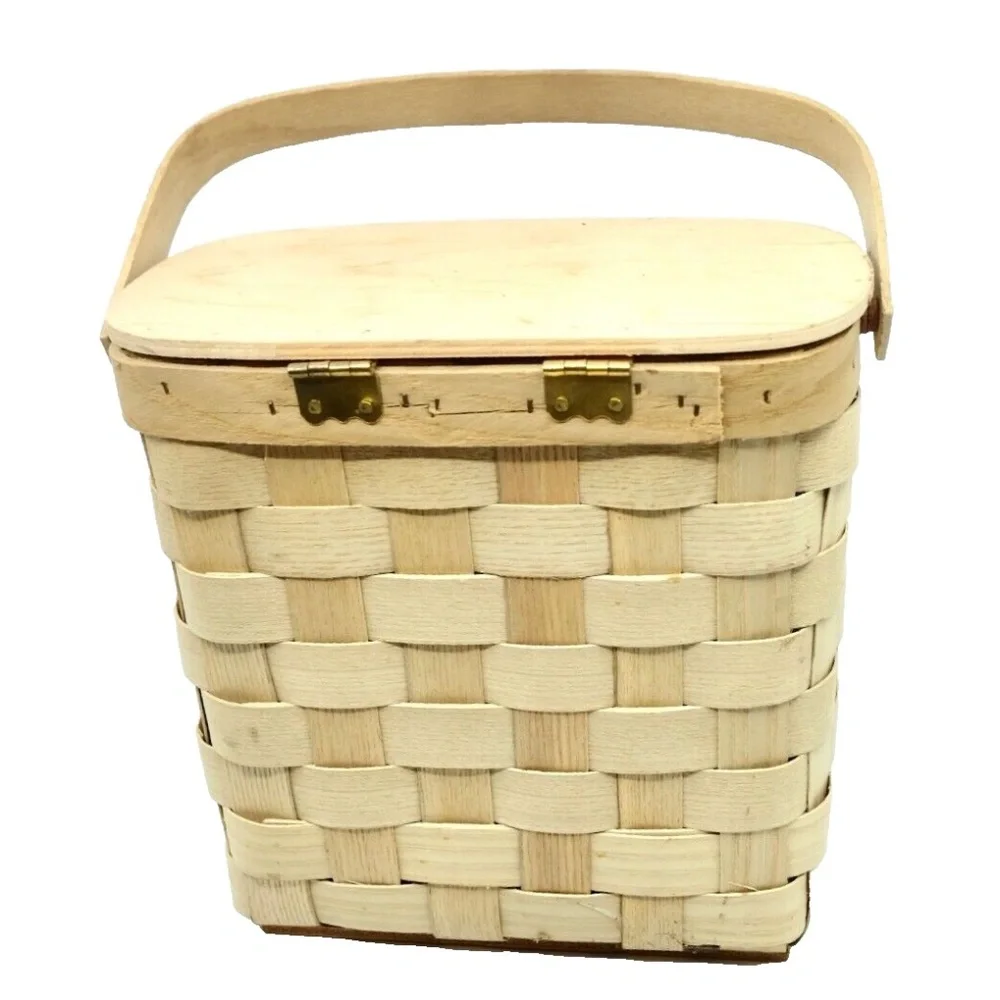Vintage BASKETVILLE Putney, Vermont - Woven Swing Handle Basket w Lid